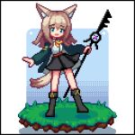  1girl :d animal_ear_fluff animal_ears arknights black_footwear black_skirt dog_ears dog_girl dog_tail eyebrows_visible_through_hair full_body grass green_eyes green_jacket hair_between_eyes holding holding_weapon jacket long_sleeves looking_at_viewer open_clothes open_jacket open_mouth pixel_art podenco_(arknights) skirt smile soil solo standing standing_on_one_leg tail thejunebug weapon yellow_neckwear 