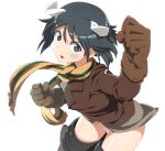  1girl animal_ears bandaid bandaid_on_face black_hair blue_eyes blush brave_witches breasts brown_gloves brown_jacket dog_ears eyebrows_visible_through_hair gloves jacket kanno_naoe looking_at_viewer nanashino open_mouth panties scarf shiny shiny_hair short_hair simple_background small_breasts solo striker_unit underwear white_background white_panties world_witches_series 