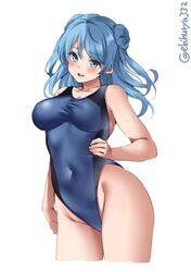  1girl bare_arms bare_shoulders blue_eyes blue_hair blue_swimsuit blush breasts collarbone competition_swimsuit cowboy_shot cropped_legs double_bun ebifurya eyebrows_visible_through_hair groin hand_on_hip highres kantai_collection large_breasts long_hair one-piece_swimsuit open_mouth simple_background solo swimsuit twitter_username upper_teeth urakaze_(kancolle) white_background 