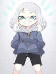  1girl aqua_eyes bangs black_shorts blue_eyes blue_hoodie bone cosplay hand_in_pocket hood hoodie ika_esu inkling long_sleeves looking_at_viewer looking_down pearl_(splatoon) sans sans_(cosplay) short_hair shorts simple_background smile solo splatoon_(series) splatoon_2 standing teeth white_background white_hair 