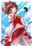  1girl absurdres ascot blush bow brown_eyes brown_hair clouds cloudy_sky cowboy_shot frilled_bow frilled_skirt frills gohei hair_bow hair_tubes hakurei_reimu highres midriff navel off_shoulder orb ramie_(ramie541) red_bow red_skirt red_vest ribbon-trimmed_sleeves ribbon_trim shirt short_hair skirt sky stomach touhou vest white_shirt wide_sleeves yellow_neckwear yin_yang yin_yang_orb 