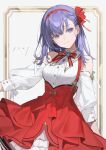  1girl absurdres bangs bare_shoulders breasts chyoel detached_sleeves dress fate/stay_night fate_(series) hair_ribbon highres large_breasts long_hair long_sleeves looking_at_viewer matou_sakura purple_hair red_dress red_ribbon ribbon shirt smile solo violet_eyes white_shirt 