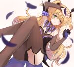  1girl armband ass bare_shoulders blonde_hair blurry bow detached_collar elbow_gloves eyebrows_visible_through_hair eyepatch feathers feet_out_of_frame fischl_(genshin_impact) full_body garter_straps genshin_impact gloves hair_between_eyes hair_ornament hand_up highres long_hair multico no_shoes open_mouth purple_bow simple_background single_glove single_thighhigh solo thigh-highs thighs white_background 
