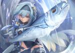  1girl blue_hair brown_eyes eula_(genshin_impact) fish frozen genshin_impact hair_ornament hairband highres looking_at_viewer mon-chan salmon skin_tight solo thighs weapon yellow_eyes 