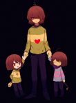  3others :d absurdres bangs black_background black_footwear black_pants blue_sweater brown_hair chara_(undertale) deltarune expressionless flower frisk_(undertale) full_body green_sweater heart heart_necklace highres holding holding_flower holding_hands holding_stick kris_(deltarune) long_sleeves looking_at_viewer multiple_others open_mouth pants red_eyes shaded_face short_hair smile stick sweater undertale y_o_u_k_a yellow_flower 