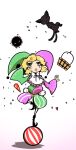  1girl 221_(tsutsuichi) :3 alternate_costume ball bangs black_footwear blonde_hair blush bucket cat commentary_request confetti full_body green_eyes green_pants green_shirt hat jester jester_cap juggling kaenbyou_rin kaenbyou_rin_(cat) looking_up mizuhashi_parsee multiple_tails nekomata open_mouth pants party_popper pink_pants pink_shirt pointy_footwear shirt short_hair simple_background tail touhou two-tone_pants two-tone_shirt two_tails white_background wooden_bucket 
