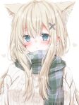  1girl animal_ear_fluff animal_ears bangs blonde_hair blue_eyes blush breasts cat_ears extra_ears eyebrows_visible_through_hair highres hiro_(hirohiro31) long_hair looking_at_viewer medium_breasts original scarf solo sweater upper_body white_background 