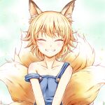  1girl ^_^ alternate_breast_size alternate_costume animal_ear_fluff animal_ears bangs bare_shoulders blue_dress blush body_blush breasts closed_eyes collarbone dress eyebrows_visible_through_hair fox_ears fox_tail green_background grin happy headwear_removed highres kitsune multiple_tails simple_background small_breasts smile solo symbol-only_commentary tail tamasan touhou upper_body v_arms yakumo_ran 