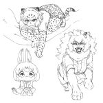  3girls :3 afei_(sfma3248) all_fours animal_ears animal_print bangs between_legs bow branch chibi claws elbow_gloves fangs fur_collar gloves greyscale hand_between_legs highres in_tree kemono_friends leopard_(kemono_friends) leopard_ears leopard_print leopard_tail lion_(kemono_friends) lion_ears lion_girl long_hair looking_at_viewer looking_down monochrome multiple_girls neckerchief open_mouth serval_(kemono_friends) serval_print sharp_teeth short_hair short_sleeves sitting sitting_in_tree skirt smile squatting tail teeth tree 