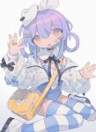  1girl :o \||/ animal_ears bag bandaid bandaid_on_cheek bandaid_on_face bangs black_bow black_choker black_neckwear black_ribbon blue_bow blue_legwear blue_leotard bow center_frills choker cropped_jacket crossed_bangs daizu_(melon-lemon) detached_collar down_jacket eyes_visible_through_hair fake_animal_ears fake_tail fang foot_out_of_frame frills grey_background hair_between_eyes hair_ornament hair_rings hairclip hands_up head_tilt highleg highleg_leotard highres horizontal_stripes jacket jewelry leotard light_purple_eyes light_purple_hair long_sleeves looking_at_viewer medium_hair multicolored multicolored_eyes neck_ribbon no_nose off_shoulder open_clothes open_jacket orange_eyes original pale_color parted_lips puffy_long_sleeves puffy_sleeves rabbit_ears rabbit_tail ribbon ring shoes shoulder_bag sidelocks simple_background sitting skin_fang sleeve_bow solo strapless strapless_leotard striped striped_legwear tail tareme thigh-highs two-tone_legwear uwabaki wariza white_footwear white_jacket yellow_bag zipper_pull_tab 