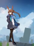  1girl amiya_(arknights) animal_ears anklet aqua_eyes arknights ascot black_legwear blue_jacket brown_hair building clouds eyebrows_visible_through_hair frilled_ascot frilled_skirt frills full_body hair_between_eyes hand_in_pocket highres hood hood_down hoodie jacket jewelry looking_to_the_side multico pantyhose parted_lips plaid pleated_skirt ponytail rabbit_ears rabbit_girl scrunchie shoes sidelocks skirt sky smile sneakers solo standing thigh_strap 