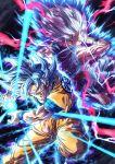  2boys absurdres angry arm_up aura baggy_pants biceps black_wristband blue_eyes blue_hair blue_pants blue_shirt blue_wristband closed_mouth commentary_request dougi dragon_ball dragon_ball_super dragon_ball_super_super_hero electricity energy energy_ball father_and_son gohan_beast grey_hair hair_between_eyes hands_up highres looking_at_viewer male_focus mocky_art multiple_boys muscular muscular_male open_mouth orange_pants pants profile red_eyes red_sash sash serious shirt short_sleeves sideways_glance son_gohan son_goku spiky_hair super_saiyan super_saiyan_blue teeth tongue v-shaped_eyebrows wristband 