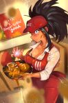  1girl absurdres apron black_hair blush boku_no_hero_academia bra breasts dirty dirty_clothes dirty_face employee_uniform fast_food fast_food_uniform food food_on_body food_on_face hat highres khyleri large_breasts looking_at_viewer messy red_apron spill underwear uniform yaoyorozu_momo 
