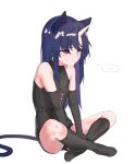  ... 1girl animal_ears bangs black_gloves black_legwear cat_ears cat_tail elbow_gloves fake_animal_ears flat_chest gloves highres horns kneehighs leotard musical_note_necklace original pout purple_hair red_eyes ringed_eyes sidelocks single_horn skin-covered_horns solo spoken_ellipsis tail third_kureko 