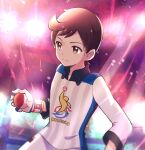  1boy bangs blurry brown_eyes brown_hair closed_mouth collared_shirt commentary_request dynamax_band gloves gym_challenge_uniform haru_(haruxxe) highres holding holding_poke_ball light male_focus poke_ball poke_ball_(basic) pokemon pokemon_(game) pokemon_swsh shirt short_hair shorts solo split_mouth victor_(pokemon) white_shirt white_shorts 