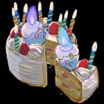  :d alternate_color anzu_(01010611) cake candle closed_mouth fire flame food fruit highres litwick no_humans open_mouth pokemon pokemon_(creature) shiny_pokemon smile strawberry symbol-only_commentary yellow_eyes 