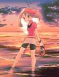 1girl bandana bike_shorts_under_skirt brown_hair clouds eyelashes gloves grin holding holding_shoes knees komurapk looking_at_viewer may_(pokemon) outdoors pokemon pokemon_(game) pokemon_rse shirt shoes shoes_removed short_sleeves skirt sky smile solo standing sun sunset teeth twilight wading water white_skirt 