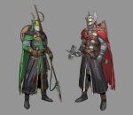  2boys adapted_costume ameen_naksewee armor black_footwear brown_gloves cape chainmail commentary curled_horns english_commentary fake_horns gloves green_cape grey_background hammer hand_on_hip helmet highres holding holding_hammer holding_polearm holding_weapon horned_helmet horns loki_(marvel) male_focus marvel marvel_cinematic_universe multiple_boys polearm red_cape shield simple_background spear tabard thor_(marvel) weapon winged_helmet 