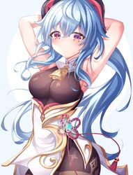  ahoge armpits arms_behind_head arms_up bangs bell blue_hair breasts chinese_knot cowboy_shot eyebrows_visible_through_hair ganyu_(genshin_impact) genshin_impact gold_trim highres horns long_hair looking_at_viewer medium_breasts multicolored multicolored_eyes neck_bell sidelocks sleeveless solo tassel thighlet ttopang vision_(genshin_impact) 