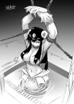  1girl absurdres breasts chained_wrists closed_eyes closed_mouth from_above giant giantess giga_mermaid gills greyscale hair_over_breasts hands_up highres large_breasts long_hair mermaid monochrome monster_girl navel restrained ryuusei_(mark_ii) shantae_(series) signature solo webbed_hands 