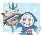  1girl animal_costume animal_hood bangs blue_eyes blue_hair blue_hoodie blunt_bangs blush_stickers chibi commentary english_commentary eyebrows_visible_through_hair fish gawr_gura hololive hololive_english hood hoodie kukie-nyan long_sleeves multicolored_hair polearm shark_costume shark_hood sideways_glance silver_hair sleeves_past_wrists solo streaked_hair sweatdrop trident twitter_username virtual_youtuber weapon wide_sleeves 