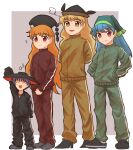  4girls alternate_costume arm_up bangs black_footwear black_headwear black_jacket black_pants blonde_hair blue_hair blush border bowl bowl_hat brown_headwear brown_jacket brown_pants closed_eyes closed_mouth donki_(yeah) eyebrows_visible_through_hair full_body green_headwear green_jacket green_pants green_scarf grey_background grey_footwear hair_between_eyes hand_up hands_in_pocket haniyasushin_keiki hat head_scarf jacket junko_(touhou) long_hair looking_at_viewer looking_to_the_side matara_okina medium_hair multiple_girls open_mouth orange_hair pants phoenix_crown pink_eyes pom_pom_(clothes) purple_hair red_eyes scarf shoes short_hair simple_background slippers smile sneakers standing sukuna_shinmyoumaru touhou white_border yellow_eyes 