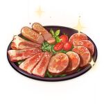  artist_request bacon cherry_tomato cold_cut_platter_(genshin_impact) commentary english_commentary food food_focus genshin_impact ham lettuce lowres meat no_humans official_art sausage sparkle still_life third-party_source tomato transparent_background tray 