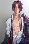  1boy abs brown_hair closed_mouth collarbone final_fantasy final_fantasy_viii highres jacket looking_at_viewer male_focus necktie nini_tw99 open_clothes scar simple_background solo squall_leonhart 