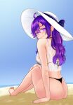  1girl absurdres arm_support ass bangs bare_arms bare_legs barefoot beach beifeng_han bikini black_bikini blue_sky blush breasts commentary_request cowlick earrings glowing glowing_eyes hair_between_eyes halterneck hat highres jewelry long_hair looking_at_viewer looking_back medium_breasts miyaura_sanshio ocean original outdoors pearl_earrings sand see-through shirt sidelocks sky sleeveless smile solo sun_hat swimsuit tank_top thong thong_bikini violet_eyes wet wet_clothes wet_shirt white_headwear white_tank_top 