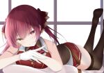  1girl bangs blush doyachii gloves hair_ribbon heterochromia hololive houshou_marine looking_at_viewer lying no_panties on_stomach pirate red_eyes red_ribbon redhead ribbon smile solo twintails virtual_youtuber yellow_eyes 