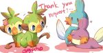  ? alternate_color blush closed_eyes closed_mouth commentary_request flower frown grookey kudou_(gst910) lying mudkip no_humans on_stomach open_mouth pink_flower pokemon pokemon_(creature) shiny_pokemon sitting stick thank_you twitter_username white_background 