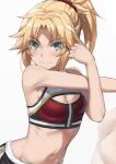  1girl bangs blonde_hair blush braid breasts fate/apocrypha fate_(series) french_braid green_eyes highres long_hair looking_at_viewer mordred_(fate) mordred_(fate/apocrypha) navel parted_bangs ponytail sidelocks small_breasts smile solo sports_bra stretch tonee 