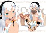  1girl :3 bare_shoulders blue_eyes blush copyright_request earrings fingernails jewelry kereno looking_at_viewer mouth_veil open_pants pants petite pointy_ears puffy_pants sandals sanpaku sharp_teeth sitting sling_bikini_top solo sweat teeth tongue tongue_out veil 