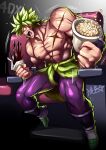  1boy abs blank_eyes broly_(dragon_ball_z) clenched_teeth cup disposable_cup dragon_ball dragon_ball_super dragon_ball_super_broly drinking_straw food green_hair highres male_focus movie_theater muscular muscular_male open_mouth pants parody pectorals popcorn purple_pants red_eyes ryuusei_(mark_ii) scar scar_on_chest seat signature sitting solo spiky_hair spilling super_saiyan teeth topless_male waist_cape wide-eyed 