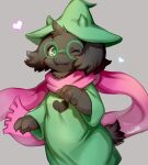 1boy animal_ears black_fur body_fur commentary cowboy_shot deltarune dress fangs furry furry_male glasses goat_boy goat_ears goat_horns goat_tail green_dress green_eyes green_headwear green_robe grey_background hat heart highres horns male male_focus male_only one_eye_closed pink_scarf ponpo_ko5 ralsei robe round_eyewear scarf signature simple_background solo standing witch_hat