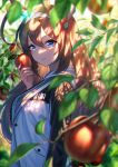  1girl ahoge animal_ears apple blue_eyes blush brown_hair buttons closed_mouth eyebrows_visible_through_hair food fruit grey_hairband hair_between_eyes hairband holding holding_food holding_fruit hood hoodie horse_ears horse_girl long_hair long_sleeves mihono_bourbon_(umamusume) open_clothes open_hoodie red_apple solo umamusume unowen upper_body white_hoodie 