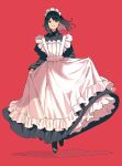 1girl apron bangs black_dress black_hair bright_pupils closed_mouth collared_dress commentary_request curtsey dress floating full_body highres long_dress long_sleeves looking_at_viewer maid maid_apron maid_headdress meido-fuku_ga_mitai original petticoat red_background shoes simple_background skirt_hold smile solo white_pupils
