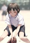  1girl ball baseball black_hair black_shorts blush closed_eyes closed_mouth clothes_writing jonsun misaki_(jonsun) original outdoors shirt short_hair short_sleeves shorts solo_focus standing t-shirt twitter_username white_shirt 