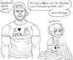  1boy 1girl backwards_hat baseball_cap bb_(baalbuddy) english_commentary english_text facial_hair greyscale harpy hat highres monochrome monster_girl original shirt simple_background white_background wings 