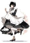  1girl apron bangs black_dress black_hair boots bright_pupils closed_mouth commentary_request dress flower full_body high_heels highres long_dress long_sleeves maid maid_apron maid_headdress meido-fuku_ga_mitai original petticoat rose shadow short_hair sidelocks simple_background skirt_hold smile solo standing standing_on_one_leg white_background white_pupils 