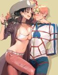 1boy 1girl alvida_(one_piece) arms_behind_back bangs belt bikini bikini_top black_eyes black_hair blue_neckwear blue_pants blush bound bound_wrists breast_press breasts brown_eyes chain coat coby_(one_piece) collar english_commentary hat hetero high_collar jacket jewelry large_breasts long_hair necklace nose_blush one_piece open_mouth pants pink_hair red_coat red_pants red_rope rope runa_(artist) shadow shibari shibari_over_clothes simple_background sweat swimsuit