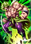  1boy abs aura blank_eyes broly_(dragon_ball_z) clenched_teeth dragon_ball dragon_ball_super dragon_ball_super_broly green_hair highres male_focus muscular muscular_male open_mouth pants pectorals purple_pants red_eyes ryuusei_(mark_ii) scar scar_on_chest signature solo spiky_hair super_saiyan teeth topless_male waist_cape wide-eyed 