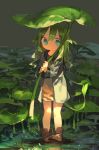  1girl aqua_eyes bangs blush boots brown_footwear child cloneko_(zelmeledf2) closed_mouth commentary dress expressionless eyebrows_visible_through_hair flat_chest full_body grass green_background green_hair green_pupils green_theme hands_up highres holding holding_leaf jacket leaf leaf_umbrella light_blush long_hair long_sleeves open_clothes open_jacket original own_hands_together pigeon-toed shiny shiny_hair shiny_skin short_dress sidelocks solo standing very_long_hair white_jacket wide-eyed yellow_dress 