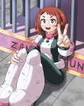  :d bangs bars belt black_bodysuit blush_stickers bob_cut bodysuit boku_no_hero_academia boots brown_eyes brown_hair cage commentary_request dirty dirty_clothes dirty_face full_body hand_on_own_leg high_heel_boots high_heels highres knees_up marumorumeme messy_hair on_ground open_mouth pink_belt pink_bodysuit pink_footwear pinky_out round_teeth short_eyebrows short_hair sitting smile teeth thick_eyebrows tile_floor tiles two-tone_bodysuit upper_teeth uraraka_ochako v 