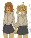  2girls :3 ahoge blonde_hair blue_skirt blush breasts gamou_maki gutalalaman highres holding_hands ijiranaide_nagatoro-san interlocked_fingers long_hair looking_away messy_hair multiple_girls orange_eyes orange_hair pleated_skirt school_uniform shirt short_hair short_twintails side-by-side skirt sleeves_pushed_up standing sweat sweatdrop sweating_profusely twintails white_shirt yoshi_(nagatoro) yuri 