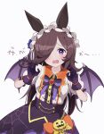  1girl absurdres animal_ears ayuchika bat_ears black_bow blush bow bowtie brown_hair commentary_request ears_through_headwear fang gloves hair_over_one_eye halloween halloween_costume headdress highres horse_ears horse_girl looking_at_viewer make_up_in_halloween!_(umamusume) open_mouth purple_gloves purple_shirt rice_shower_(umamusume) shirt simple_background solo straight-on umamusume upper_body violet_eyes white_background white_shirt 