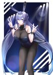  1girl :3 anchor_ornament animal_ears arm_strap azur_lane bare_shoulders black_leotard blue_eyes blue_nails bodystocking breasts double_v fake_animal_ears headgear highres large_breasts leaning_forward leotard long_hair looking_at_viewer nail_polish new_jersey_(azur_lane) new_jersey_(exhilarating_steps!)_(azur_lane) official_alternate_costume oi(89594) playboy_bunny purple_hair rabbit_ears sleeveless solo stage_lights standing strapless strapless_leotard v very_long_hair wrist_cuffs 