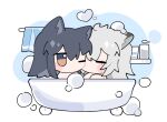  2girls animal_ears arknights bathing bathtub black_hair bottle bubble chibi closed_eyes commentary_request grey_hair lappland_(arknights) long_hair multiple_girls nude one_eye_closed scar scar_across_eye shared_bathing texas_(arknights) towel towel_rack wolf_ears xijian yellow_eyes 