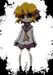  1girl 221_(tsutsuichi) alternate_costume bangs black_footwear blonde_hair commentary_request full_body green_eyes long_sleeves looking_at_viewer mizuhashi_parsee neckerchief open_mouth pointy_ears school_uniform serafuku shirt shoes short_hair socks solo touhou triangle_mouth white_background white_legwear white_shirt yellow_neckwear 