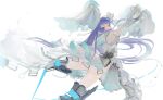  1girl blue_eyes bow coat fate/grand_order fate_(series) from_side hair_bow highres meltryllis_(fate) purple_hair sleeves_past_fingers sleeves_past_wrists white_background white_coat yorurokujuu 